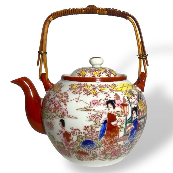 Antique Japanese Kutani Porcelain Tea Set Teapot Sugar Bowl Creamer Floral - Picture 7 of 16